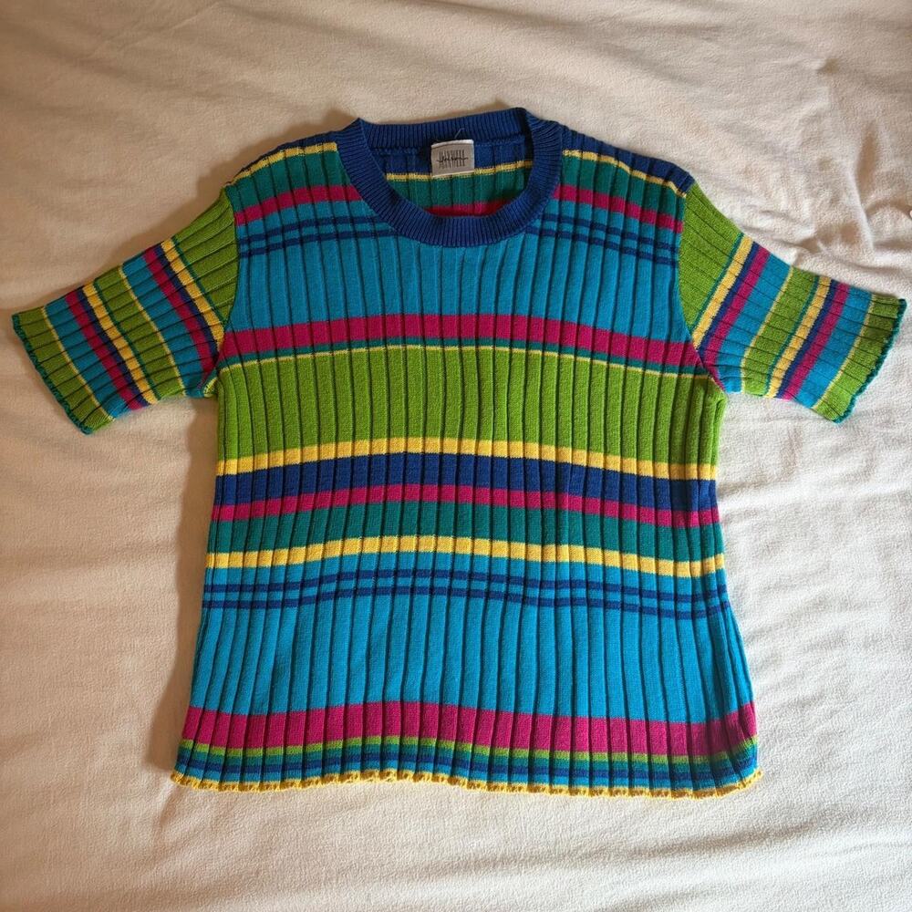 Vintage 90s Jaxson Maxwell Striped Ribbed Short Sleeve Sweater Top Medium USA